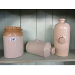 2 stoneware bedwarmers and jar