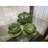 3 green Majolica type cabbage tureens