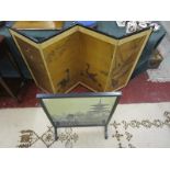 Chinese 4 fold screen & embroidered fire screen