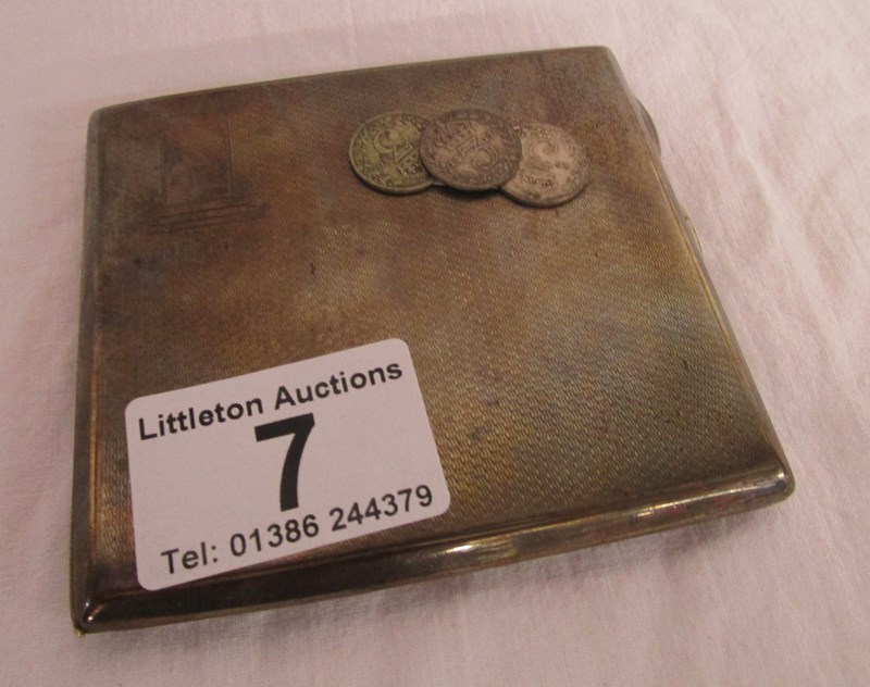 Silver cigarette case & 3 small silver coins