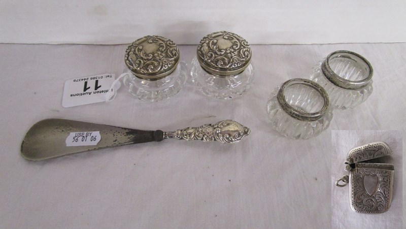 Pair of silver lidded glass bowls hallmarked Broadway & Co, silver vesta, silver mounted salts etc