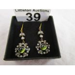 Pair of diamond, peridot & pearl drop earrings