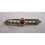 15ct gold antique diamond & ruby set bar brooch