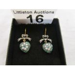 Pair of diamond, emerald and pearl heart shaped drop earrings