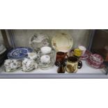 Shelf of ceramics to include hunting themed part tea service