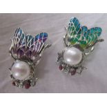 2 silver and champlevé stone set bug brooches