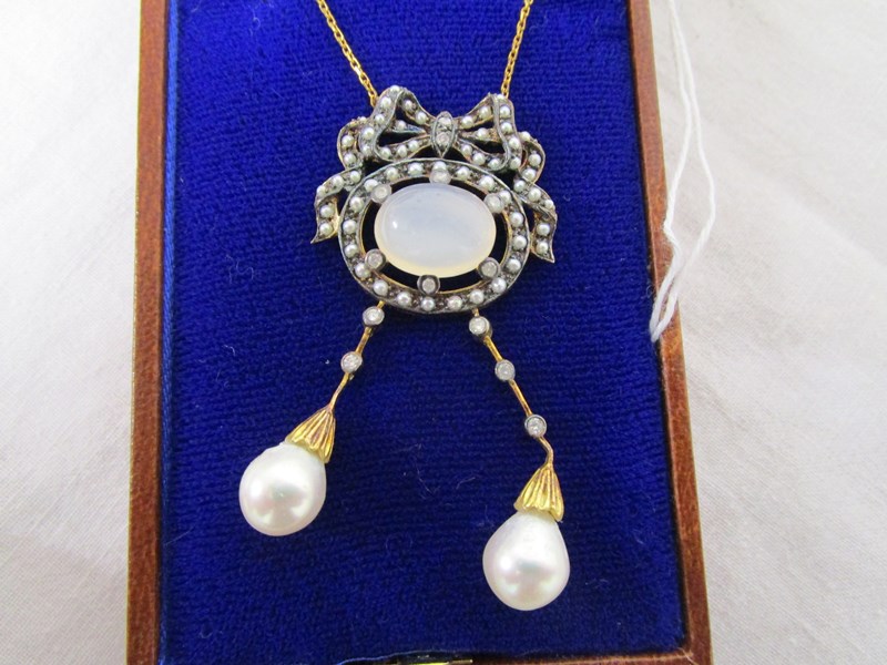 Moonstone, pearl & diamond pendant on chain