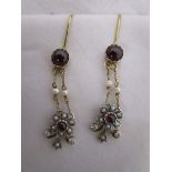 Pair of garnet, pearl & diamond earrings
