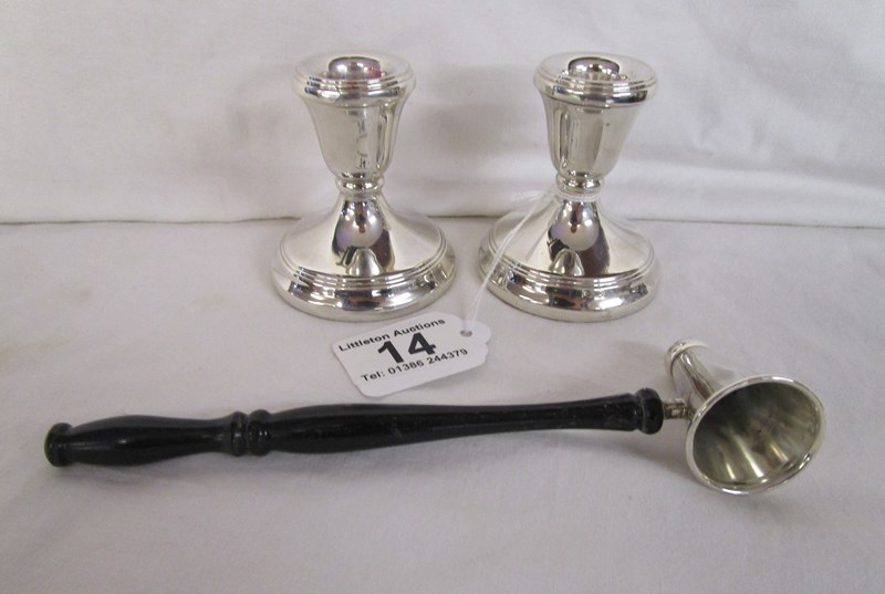 Pair of hallmarked silver candlesticks and silver candle snuffer