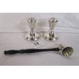 Pair of hallmarked silver candlesticks and silver candle snuffer