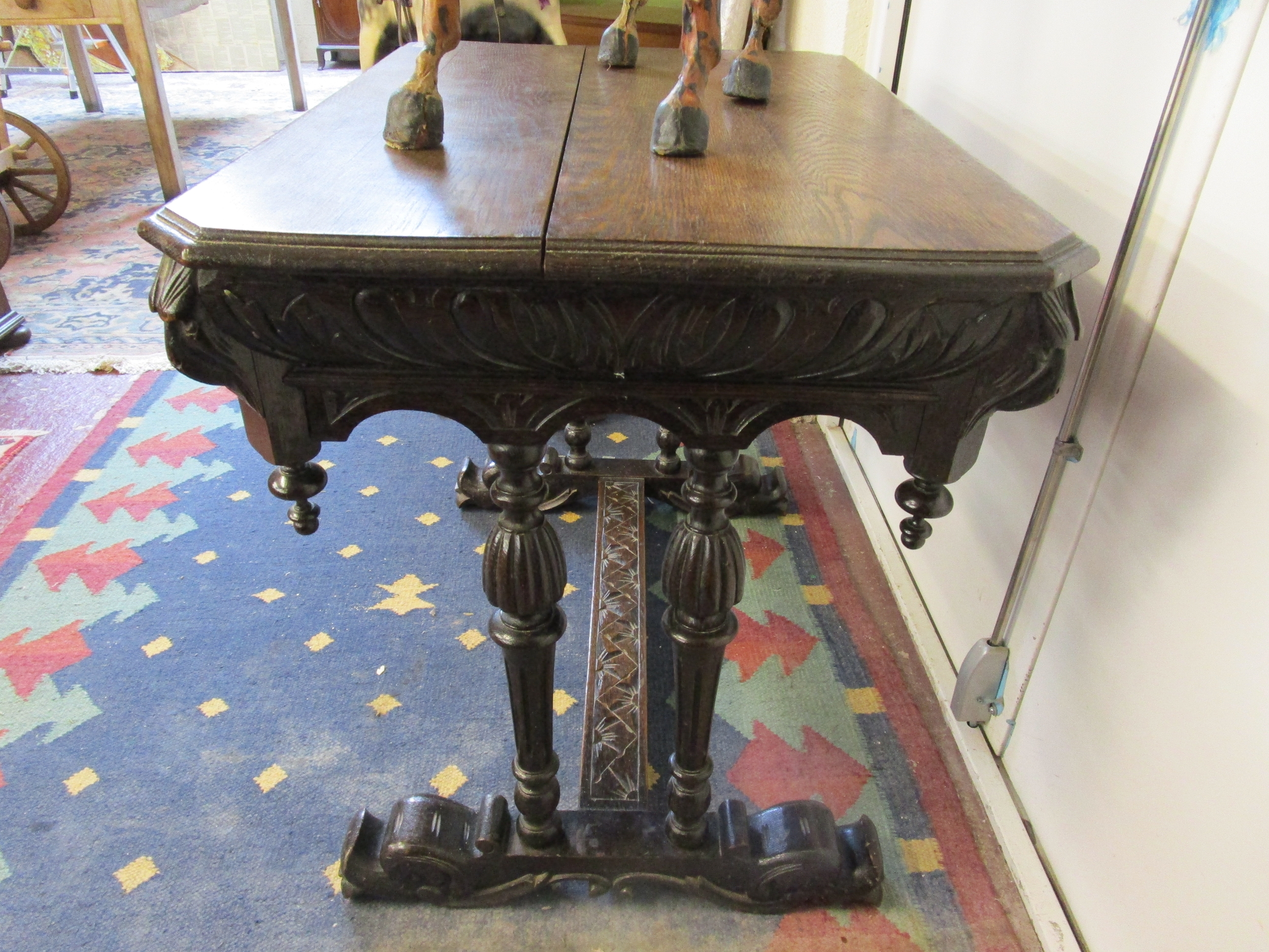 Carved oak centre table - H: 76cm W: 91cm D: 65cm - Image 4 of 6