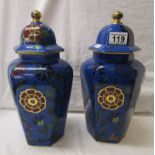 Pair of AG Harley Jones lidded & hand painted urns
