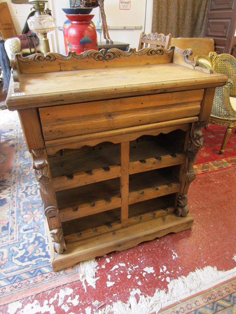 Decorative pine wine rack with drawer - H: 99cm W: 84cm D: 37cm