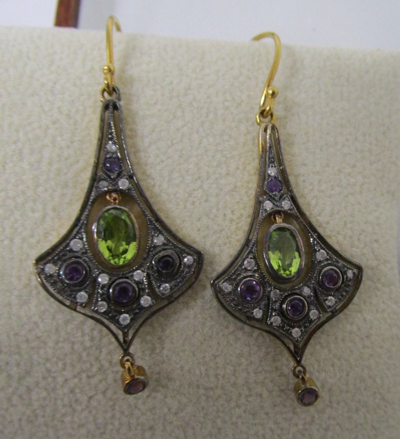 Pair of peridot, amethyst & diamond earrings