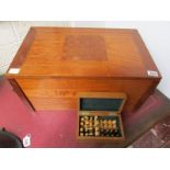 Good quality box with chess board inlay & rope handles together with boxed chess pieces