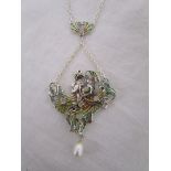 Art Nouveau style silver, opal , ruby & pearl champlevé pendant on chain