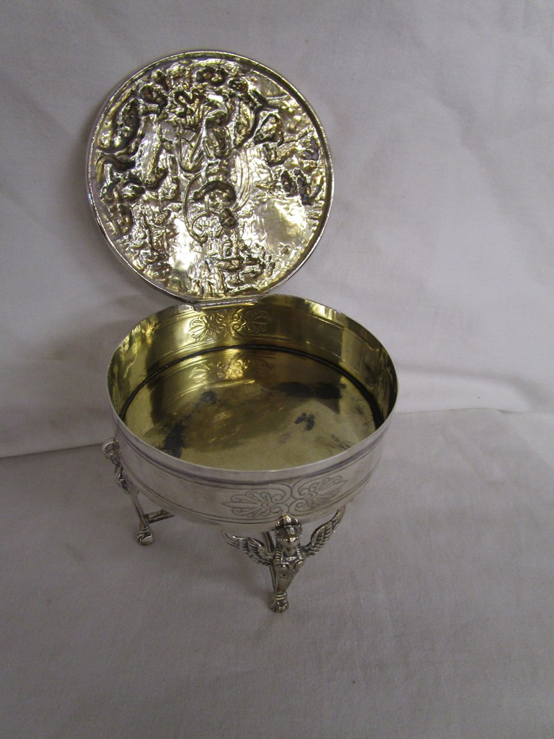 Silver pot with chased lid and winged pharaoh legs - Image 3 of 4