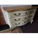 Serpentine fronted & painted French antique commode chest with marble top - H: 81cm W: 124cm D: