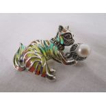 Silver pearl & ruby cat brooch