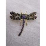 Amethyst, peridot & diamond dragon fly brooch