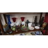 Shelf of collectables to include barley twist candlesticks