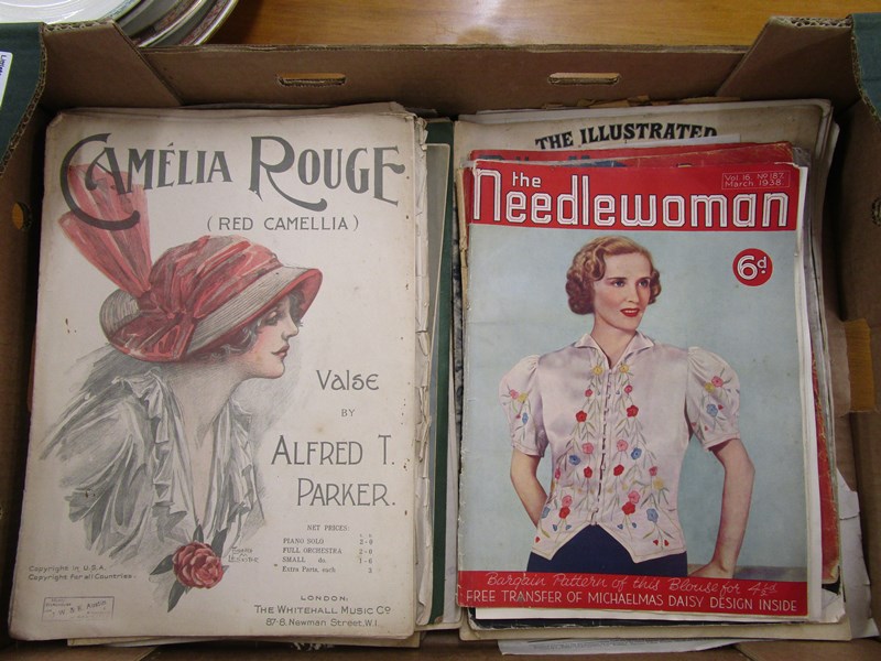 Collection of sheet music and sewing magazines