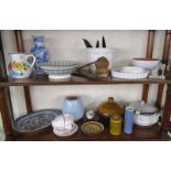 2 shelves of ceramics to include Poole vase & West German lamp base