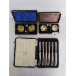 2 pairs of cased silver salts with spoons & set of cased silver handled knives