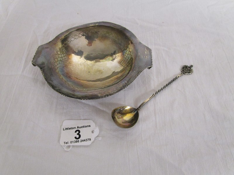 Dish marked sterling silver together with white metal spoon