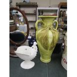 Large green vase & white vase adorned with cherubs