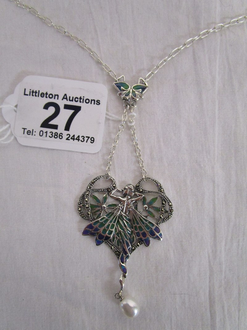 Silver & champlevé Art Nouveau style pendant on chain