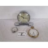 Art Deco mantle clock, silver cased watch & Waltham fob watch