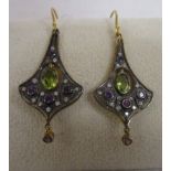 Pair of amethyst, peridot & diamond drop earrings - Estimate £80 - £120