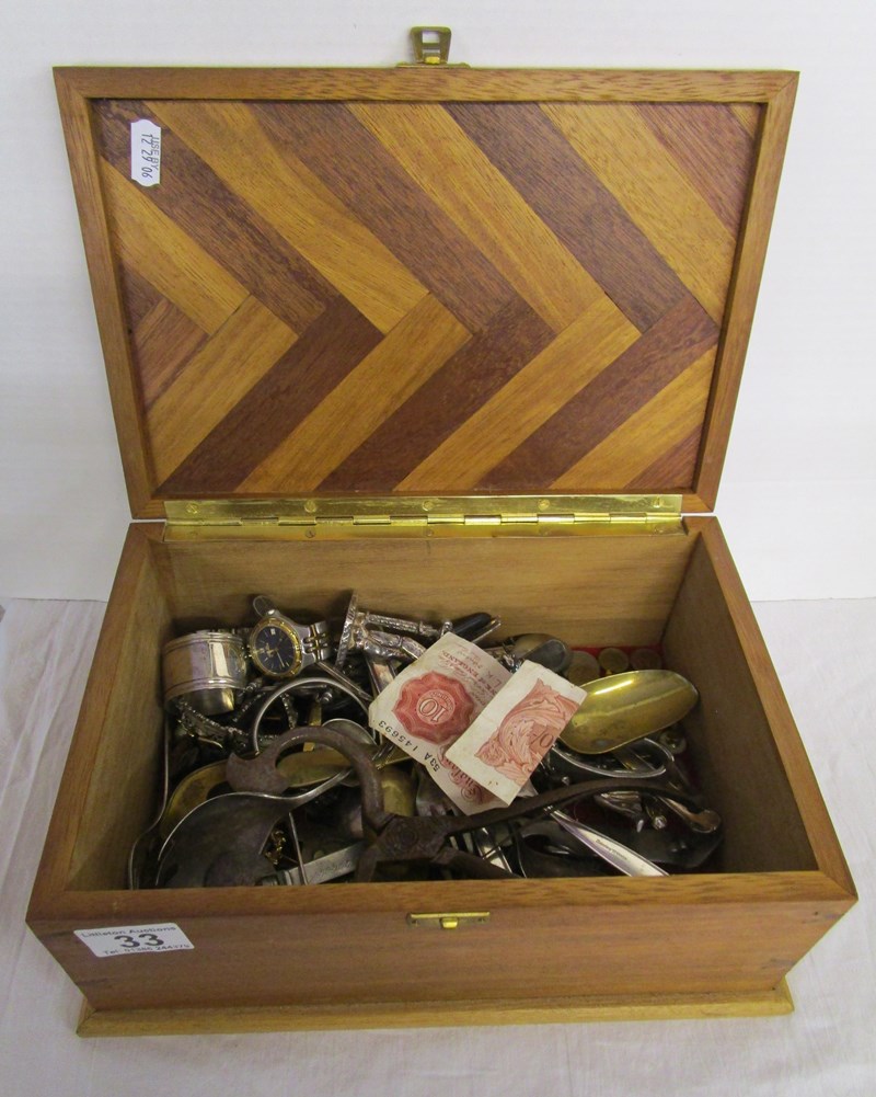 Marquetry box & contents to include watches & collectables