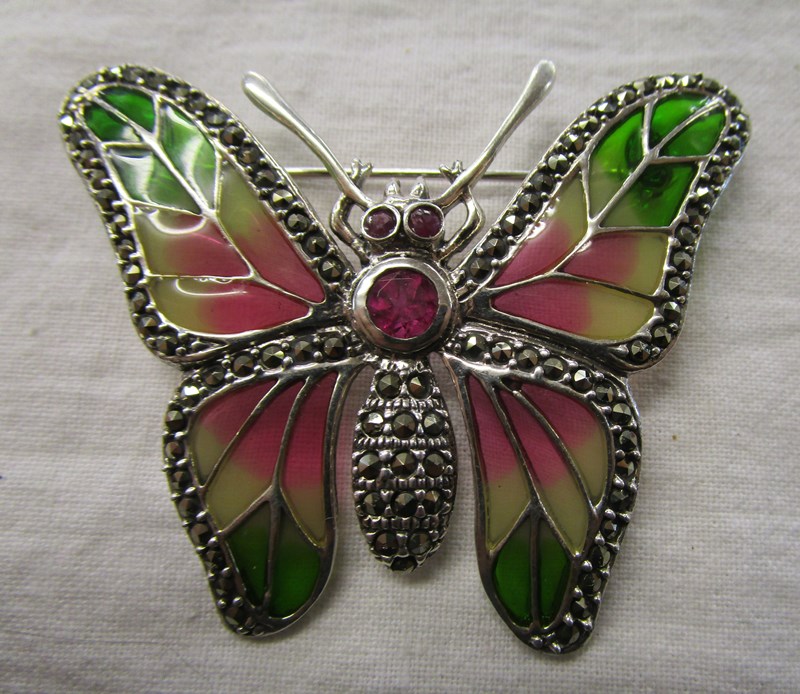 Silver champlevé enamel butterfly brooch