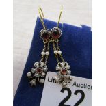 Pair of garnet, diamond & seed pearl drop earrings