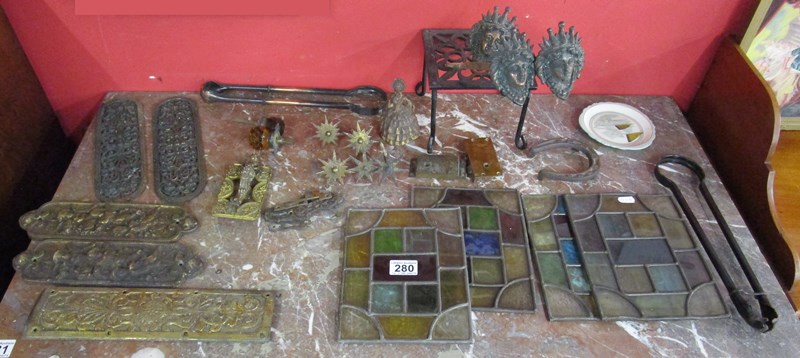 Collection of metalware to include stained glass panels