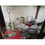 Shelf of collectables to include silver plate
