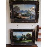Pair of framed oil on glass paintings