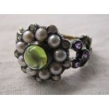 Amethyst, diamond, pearl & peridot set ring