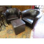 Pair of brown leather tub chairs and foot stool