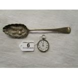 Silver fob watch & chased silver berry spoon