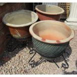 3 glazed planters on stands