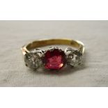 Fine 18ct gold diamond & ruby 3 stone ring