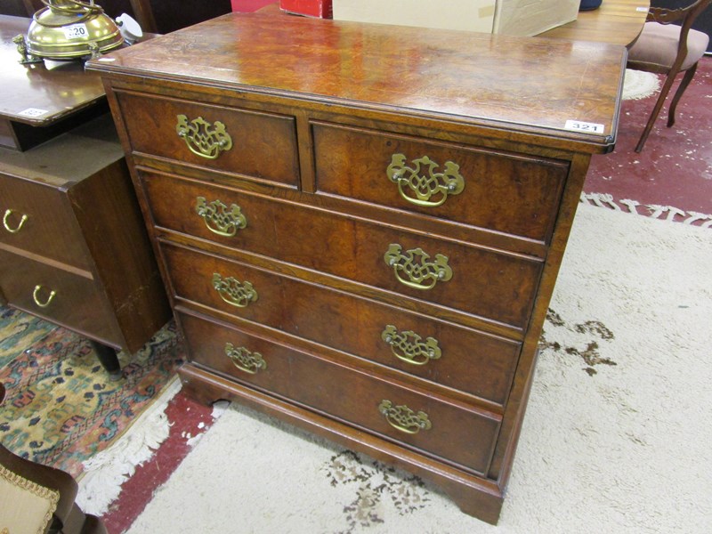 Small burr elm 2 over 3 chest of drawers on bracket feet