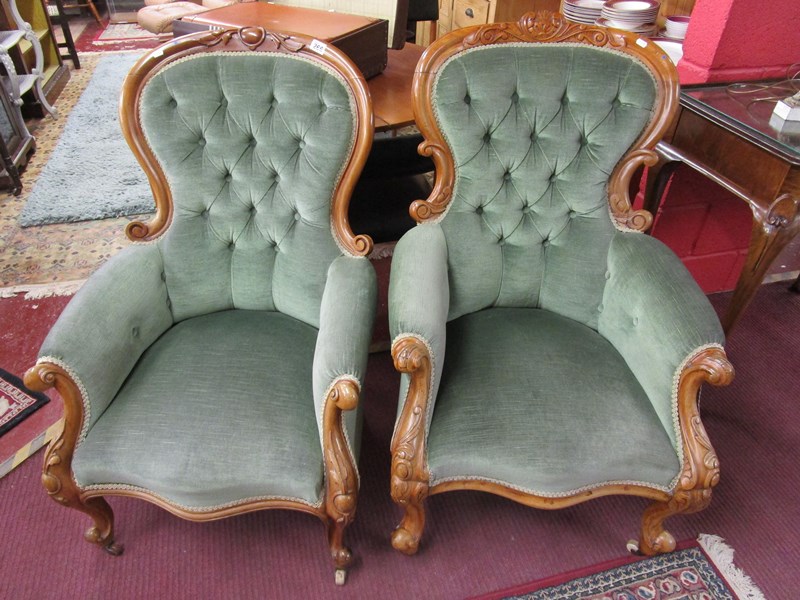 Fine pair of Victorian walnut framed 'His & Hers' armchairs