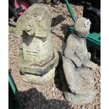 Stone wishing well and man on bench