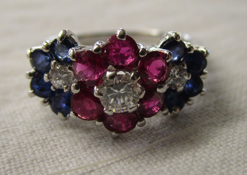 White gold ruby, diamond & sapphire triple cluster ring