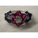 White gold ruby, diamond & sapphire triple cluster ring