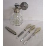 Atomiser, pocket knife & silver handled manicure set